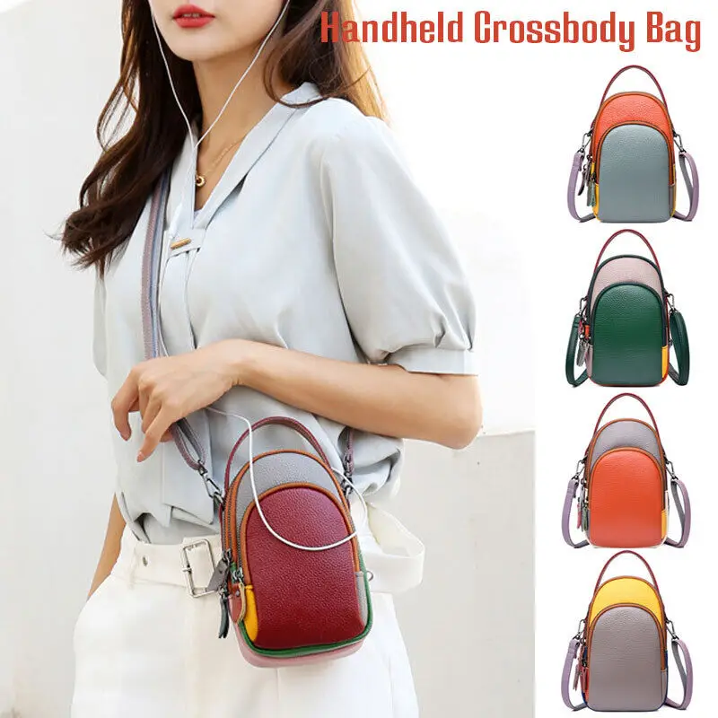 

Women Small Genuine Leather Phone Bag Pouch Contrast Color Shoulder Crossbody Bag Female Purse Cowhide Cross Body Handbag