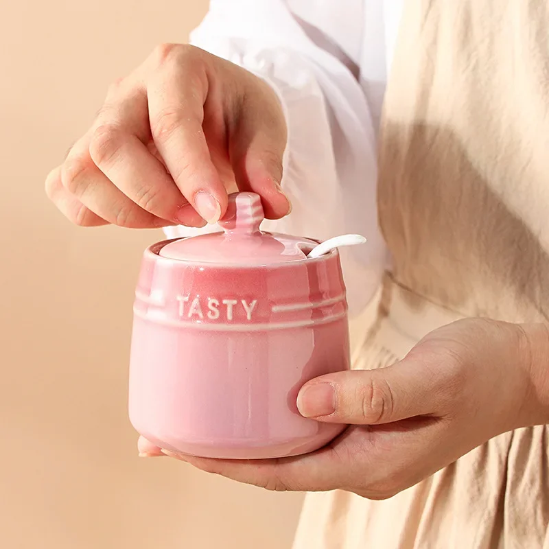 Porcelain Condiment Jar Container with Lid Spoon Ceramic Sugar Bowls Seasoning Box Salt Jars Tea Caddy for Kitchen Countertop