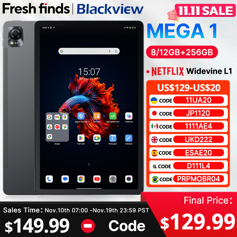 【World Premiere】Blackview MEGA 1 Tablet 11.5 inch 2.4K 120Hz Display 8GB 256GB 50MP+13MP Camera 8800mAh 33W Fast Charging Pad P