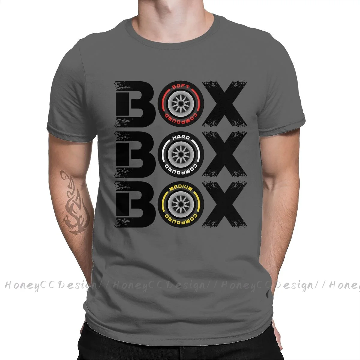 High-Quality Men's Black Formula 1 Pure Cotton T-Shirt - Box Box Box Tyre Compound Design