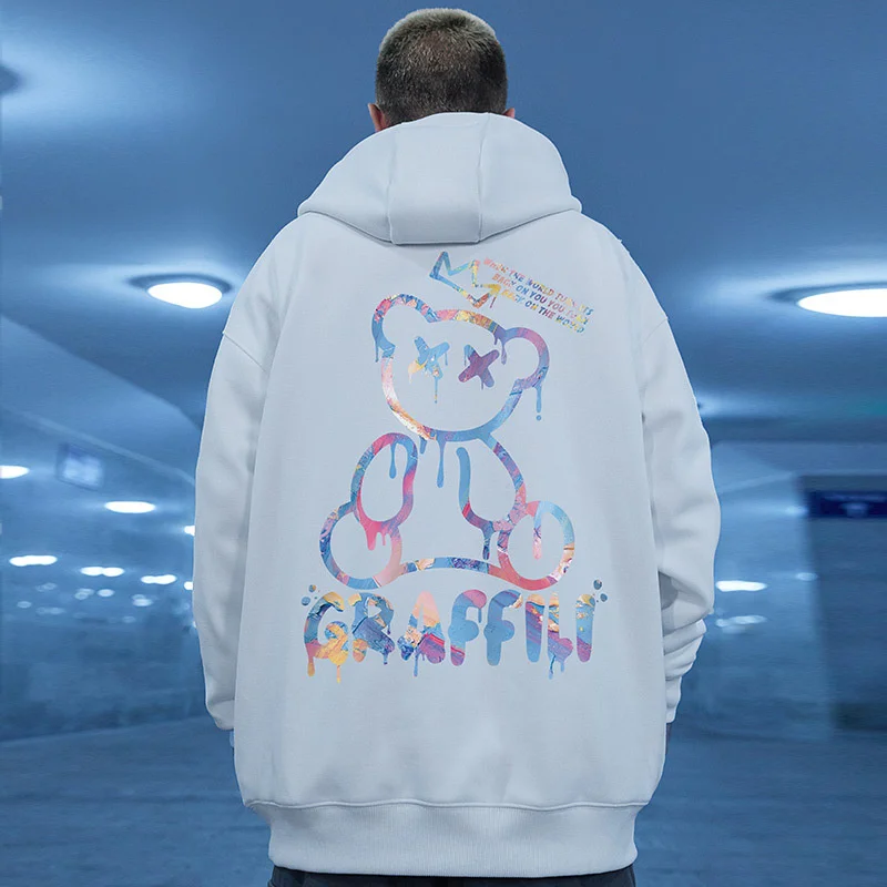 

High Street Y2K Hoodies Sweatshirts men Hip Hop Men's Fleece Bear Print Casual Pullover women Hooded harajuku