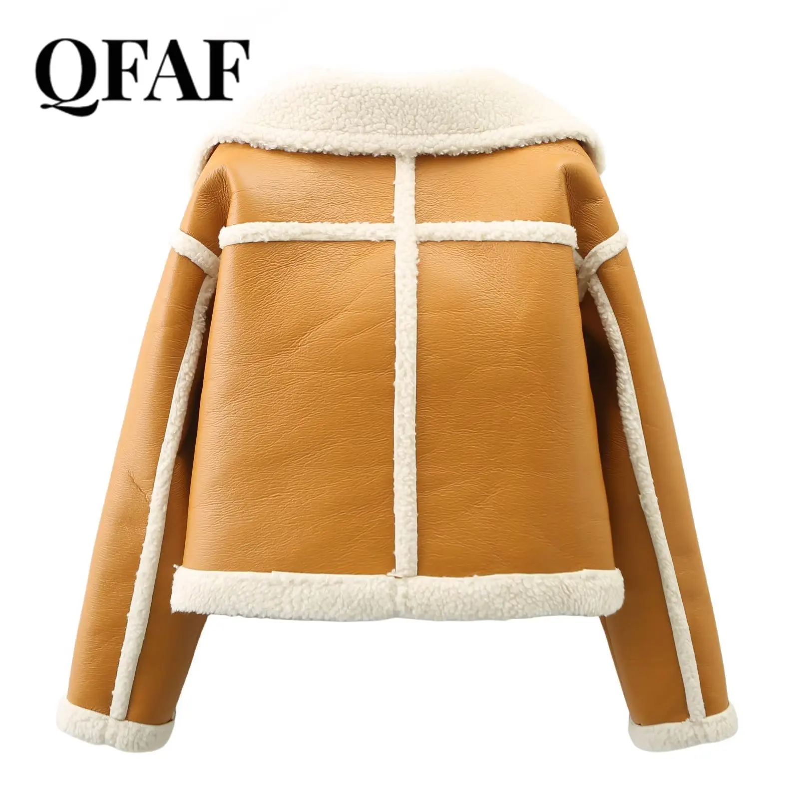 QFAF 여성용 인조 가죽 양털 이너, 따뜻한 유지, 더블 브레스트, 긴 소매 모토 바이커 겨울 재킷, 패션