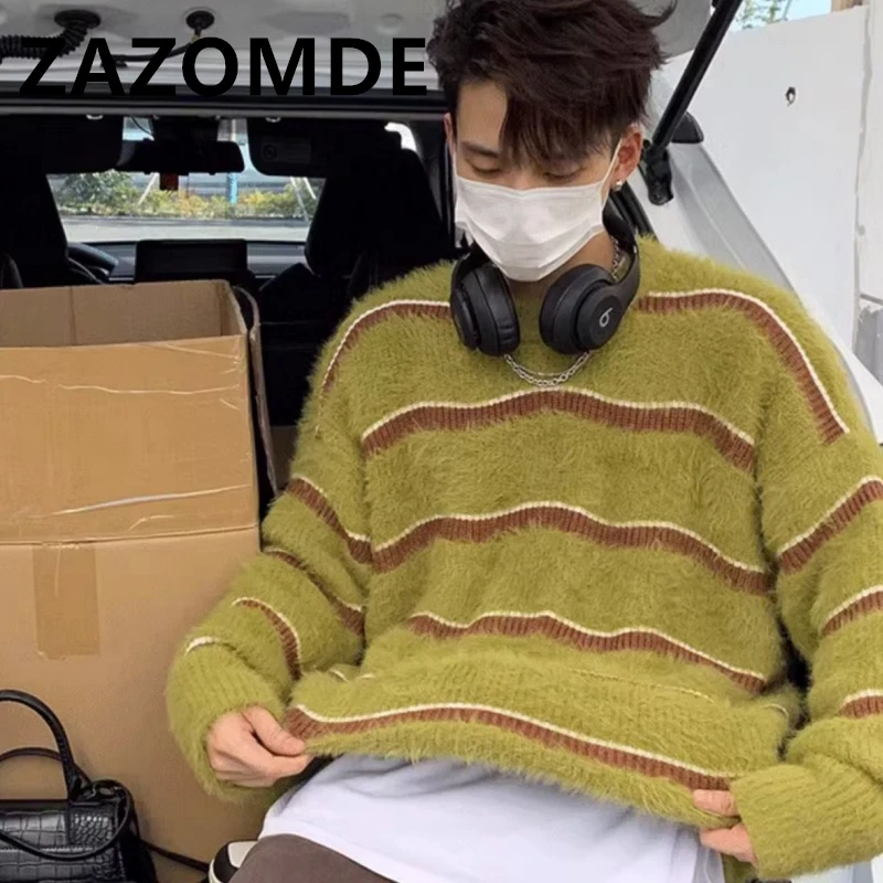 ZAZOMDE Autumn Winter Striped O-neck Sweater Casual Loose High Street Thickened Sweaters Pullovers Men Top Male Knitwear Clothes