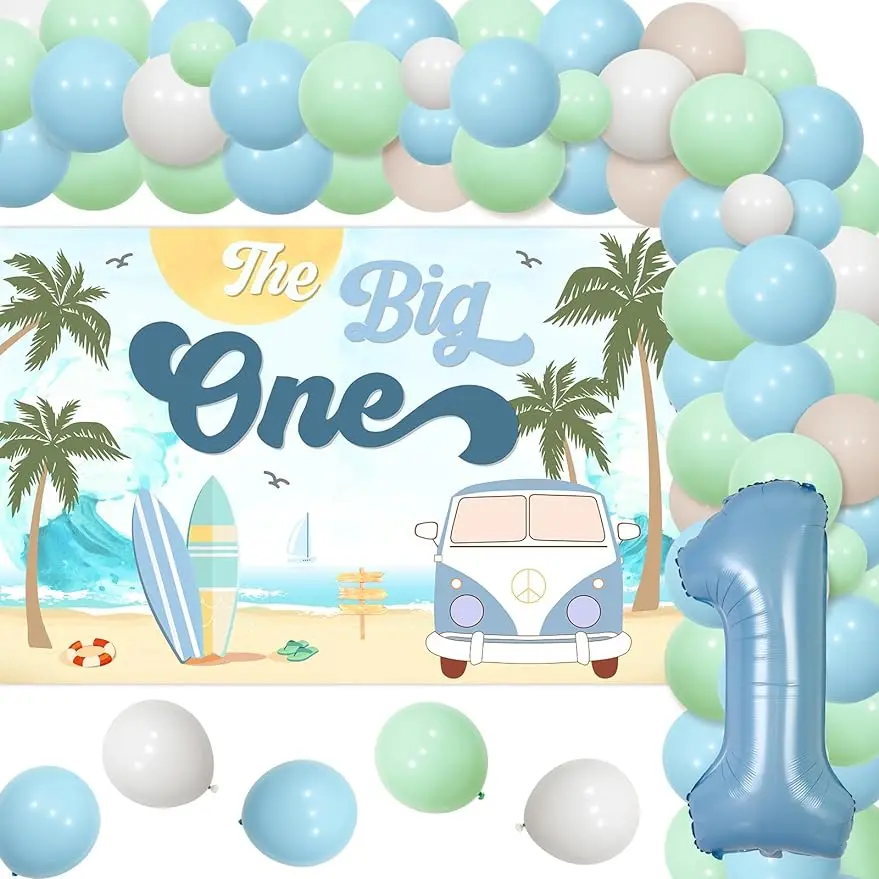 

The Big One Surf Birthday Decor Balloon Garland Kit with Backdrop Number1 Foil Balloon for Surfing Summer Beach Boy 1st Birthday