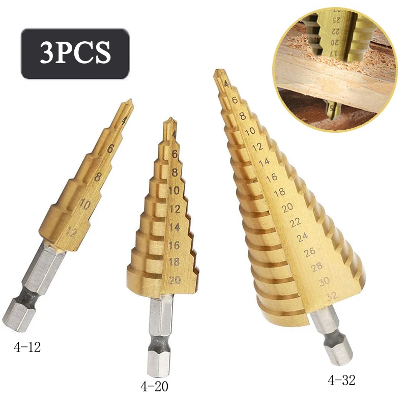 3pcs/set 4-12/20/32mmHSS Titanium Coated Hex Shank Straight Fluted Step Drill Bits for Wood Metal Reaming Tools Core Drill Set 3pcs hss step drill bit straight groove titanium coated wood metal hole cutter high speed steel core drill bit 3 12 4 12 4 20mm