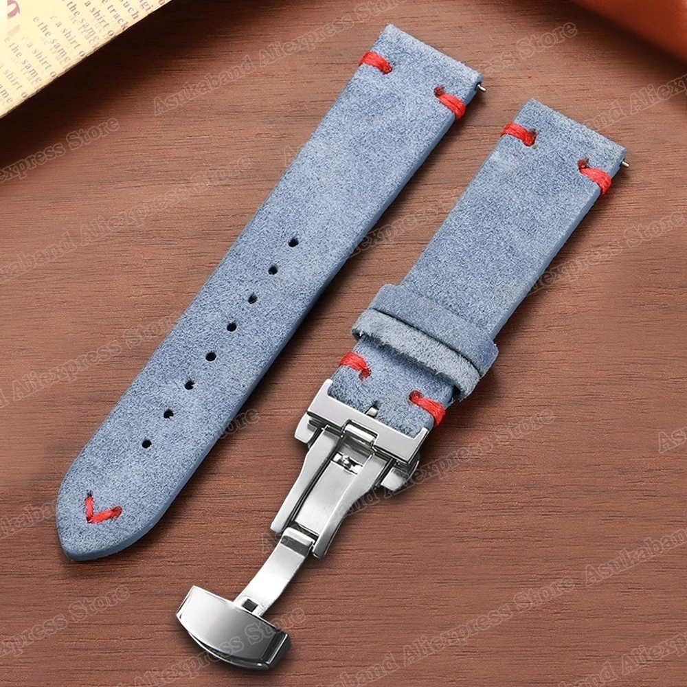 Quick Release Suede Stitching Genuine Leather Watch Band with Butterfly Buckle - Men's Straps