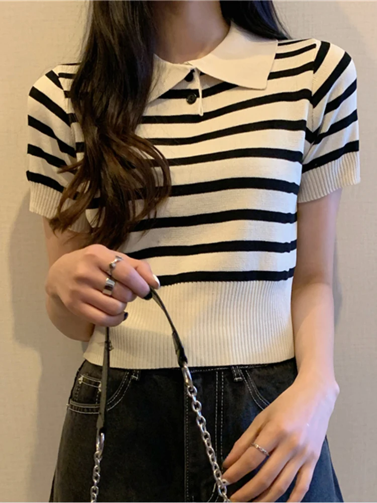 

Turn-down Collar T Shirt Women Fashion Button Crop Top Striped Short Sleeve Tshirt Knitted Clothes 2022 Summer Camisetas Mujer