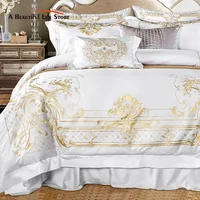 Egyptian Cotton Bedding Set, Duvet Cover, Bed Sheet, Pillowcases, Luxury European Palace Style, Gold Embroidery, 4 Pcs, 7Pcs