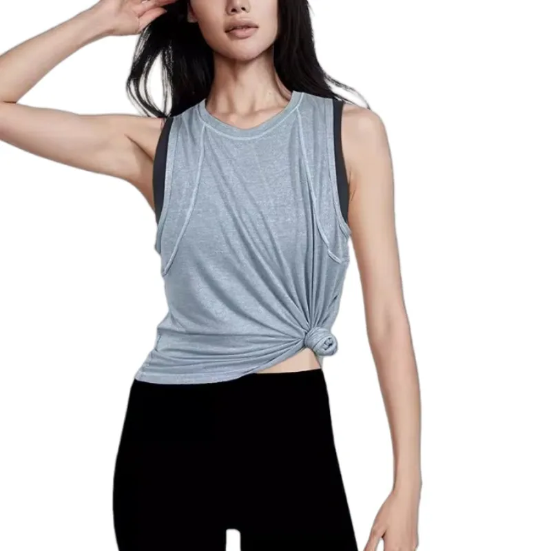 Women Summer Yoga Tank Top Back Split Open Back Breathable Round Neck Sleeveless Vest