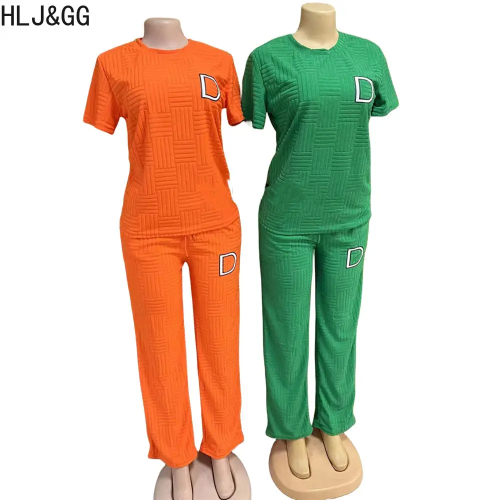 HLJ&GG Casual Solid Color Jogger Pants Sets Women Round Neck Short Sleeve Top And Pants Two Piece Tracksuits Female 2pcs Outfits