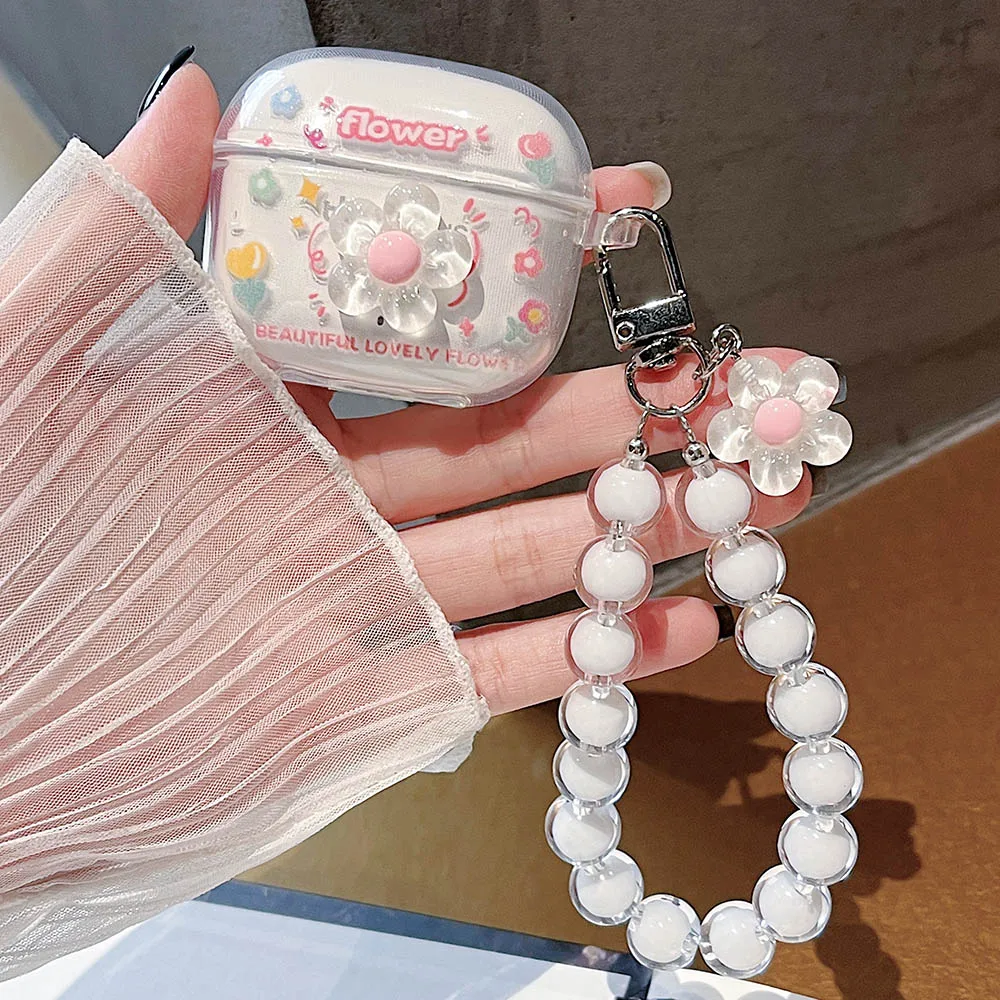 Korean Floral Soft TPU Clear Protective Earphone Case with Beaded Bracelet Pendant