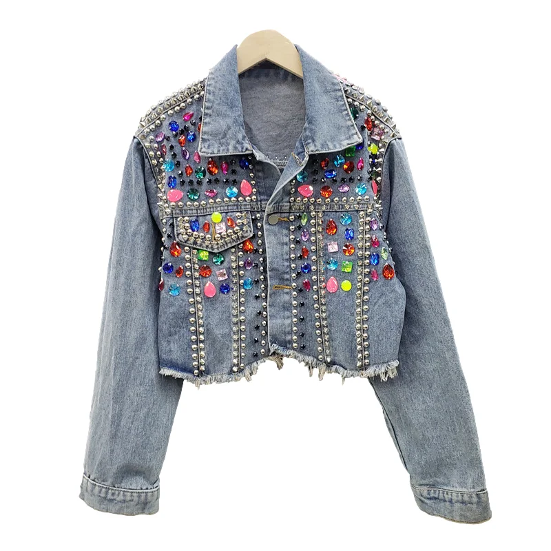 

Multicolour Diamond Rivet Denim Jacket Coat Women Loose Short Cowboy Outerwear Spring Vintage Hem Frayed Jeans Jackets Female