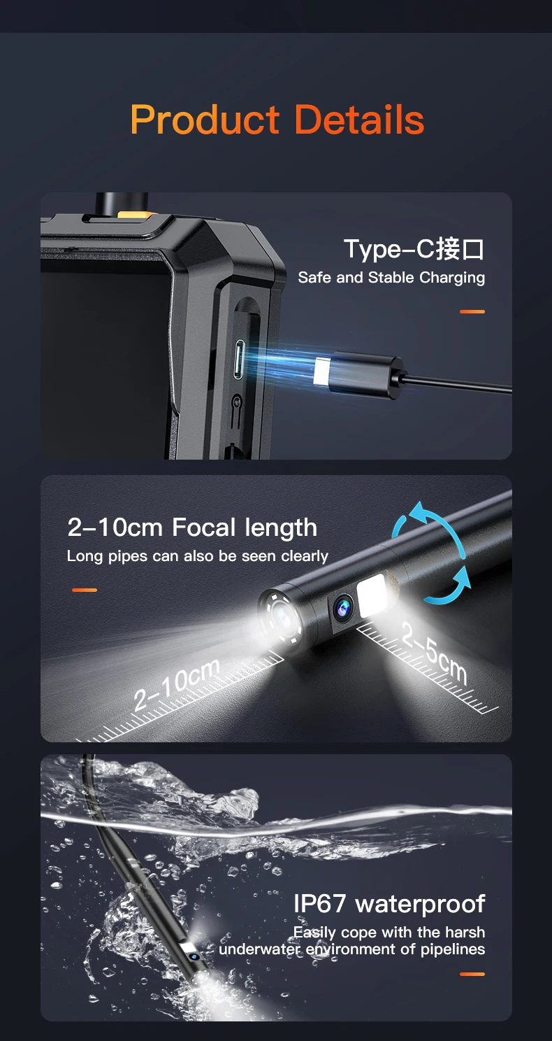 5.0 인치 스크린 내시경 방수 내시경 카메라 G10 Pro 1080P 산업용 검사 자동차 카메라 듀얼 렌즈 내시경