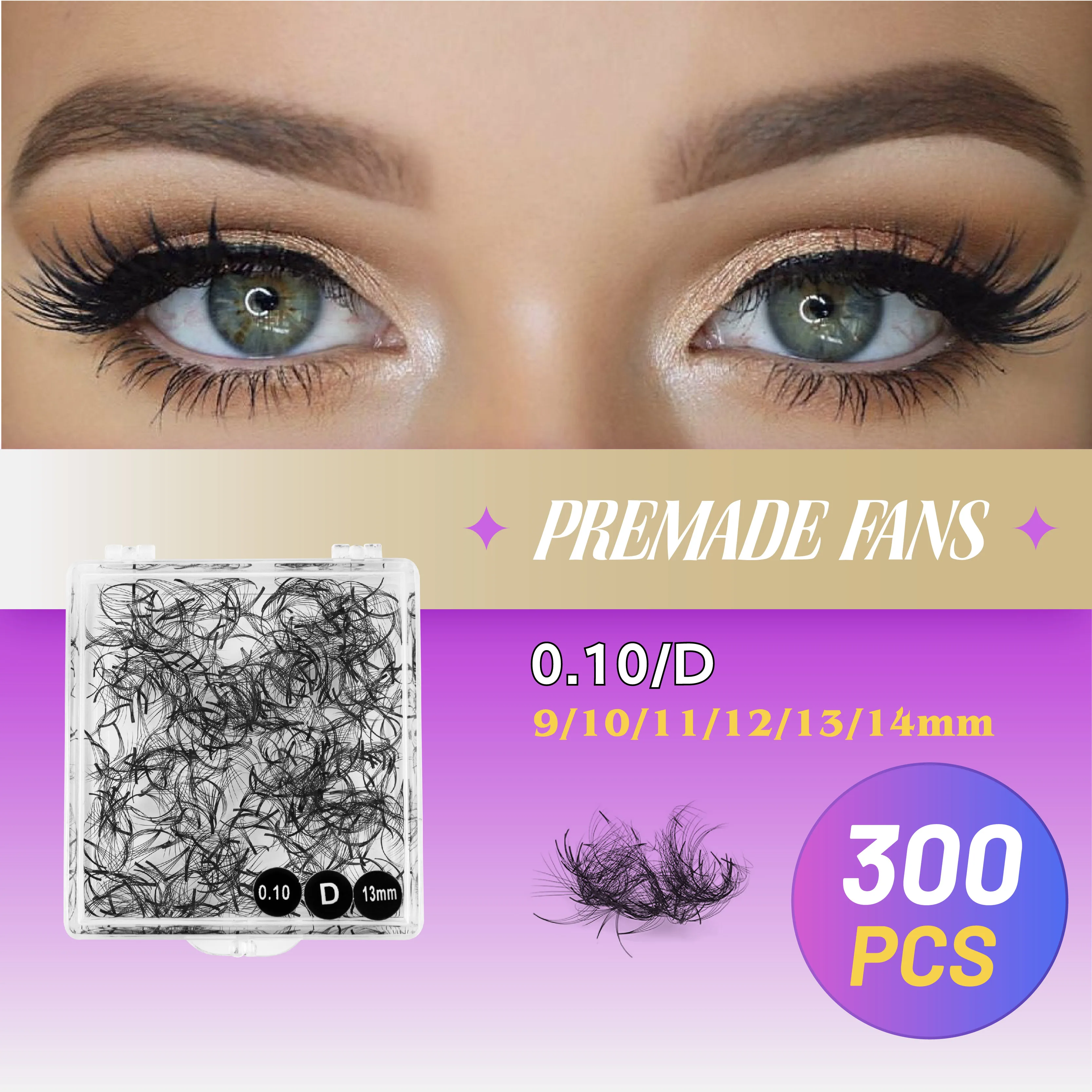 

Genielash 300 fans/box Eyelash Extension Premade Fans Large Capacity Loose Fans 9-14mm Short Stem Wider Volume Fans