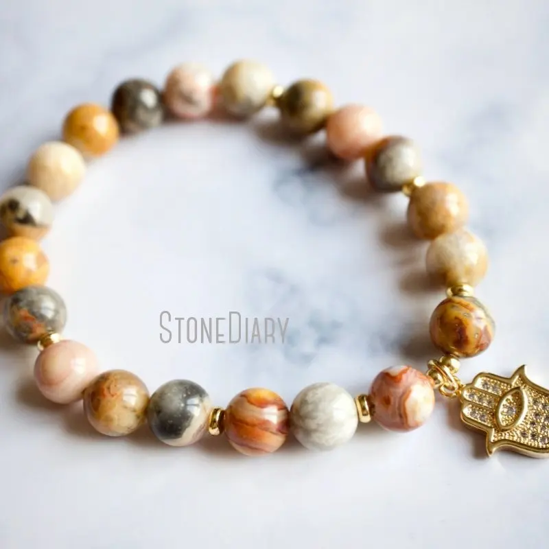 

WMB44243 Crazy Lace Agate Wrist Mala Beads Handsa Hand Charm Yoga Bracelet Kette Spiritual Boho