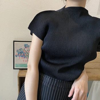 Miyake Pleated Half High Neck Profile Black T-shirts Women 2026 Summer Korean Fashion Causal Tops Designer Aesthetic Clothing