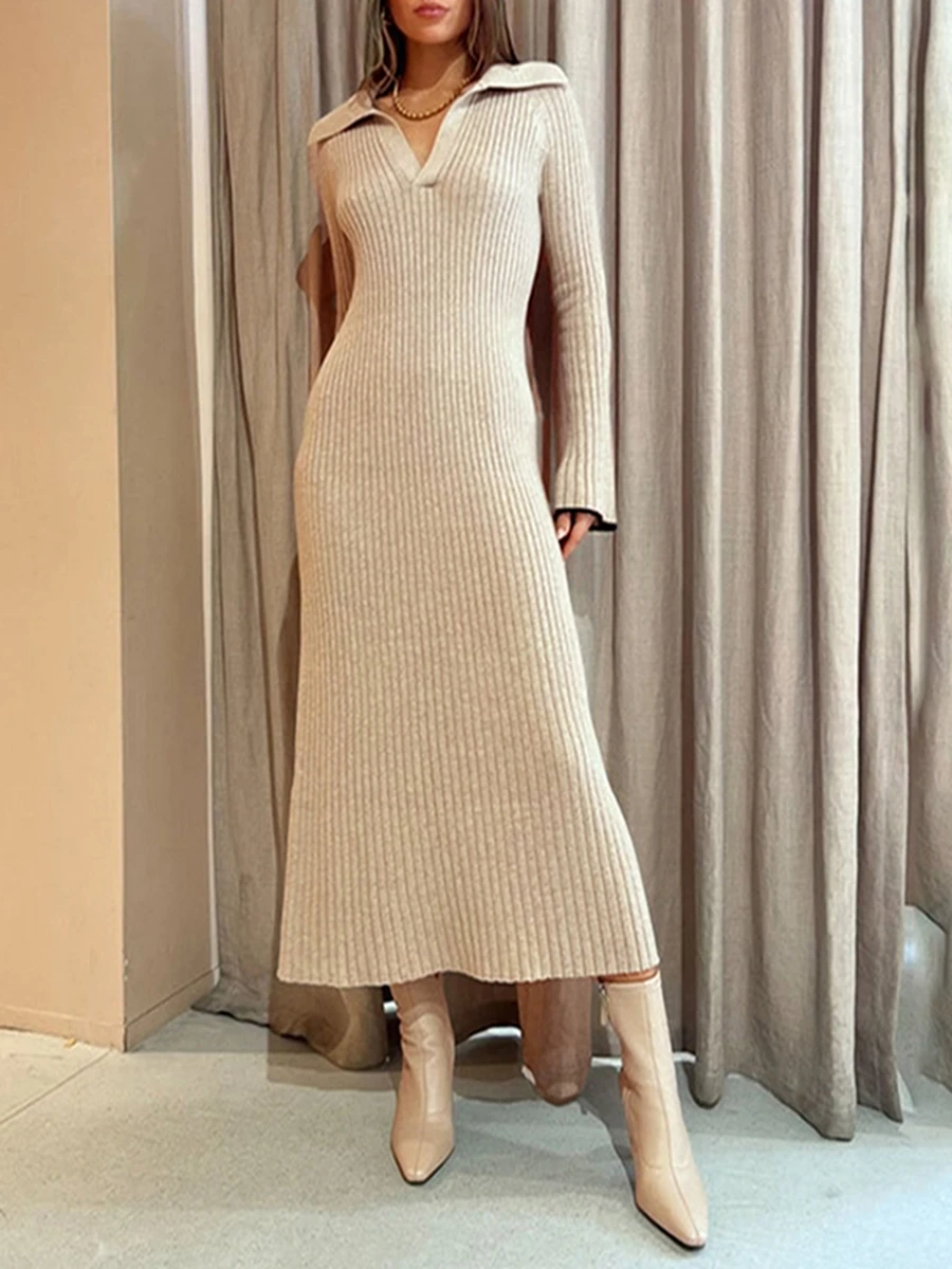 

Женское трикотажное платье-свитер средней длины, платье в рубчик с длинным рукавом и воротником с лацканами, длинное платье на выход, 2023