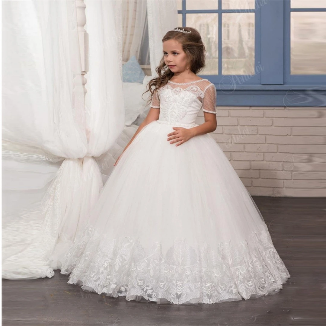 

Lovely Princess Pink A-line Flower Girl Dresses For Wedding Tulle Off Shoulder Pageant Floor Length Communion Piano Playing