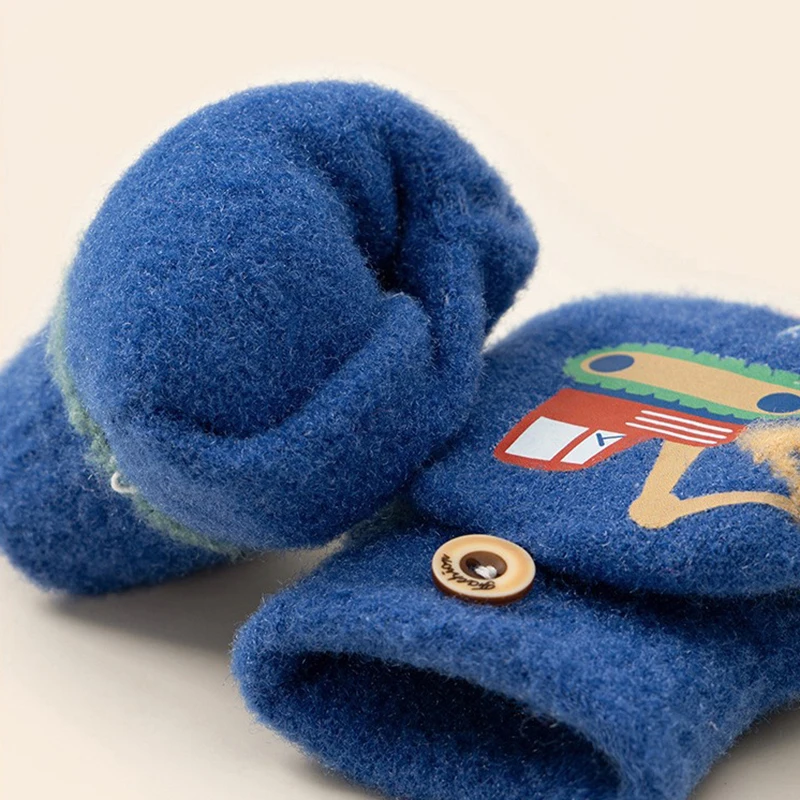 Winter Gloves Baby Mittens Cartoon Winter Gloves for Boy Cute Excavator Thick Warm Kids Half Finger Flip Mittens Outdoor Toddler Windproof Children Gloves