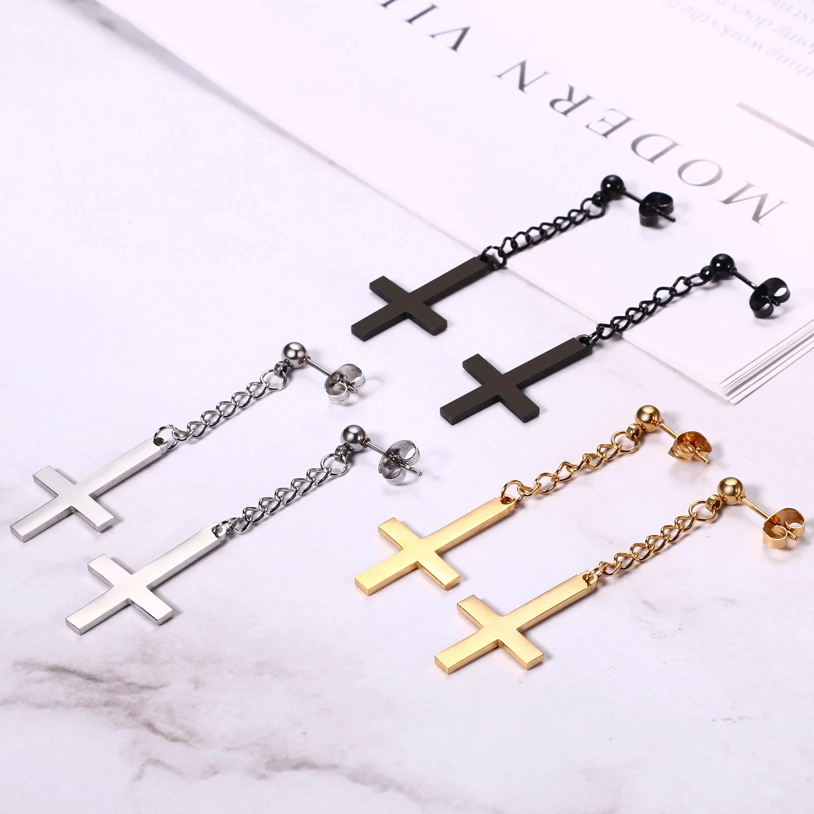 Stainless Steel Inverted Cross Stud Earrings