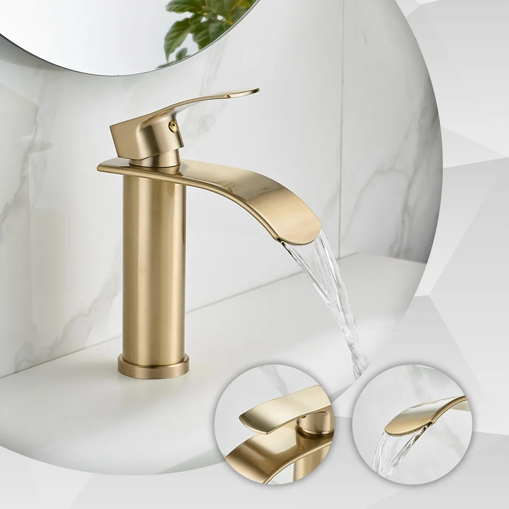 ก๊อกน้ำห้องน้ำทองเหลืองขัดเงาหรูหรา ก๊อกผสมอ่างล้างหน้าแบบติดตั้งบนเคาน์เตอร์ ก๊อกน้ำร้อนน้ำเย็นแบบน้ำตก 1