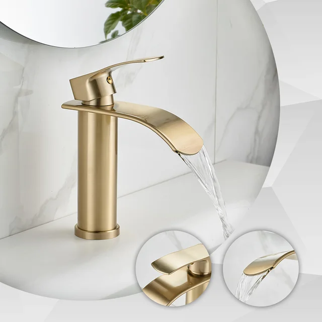 ก๊อกน้ำห้องน้ำทองเหลืองขัดเงาหรูหรา ก๊อกผสมอ่างล้างหน้าแบบติดตั้งบนเคาน์เตอร์ ก๊อกน้ำร้อนน้ำเย็นแบบน้ำตก 1