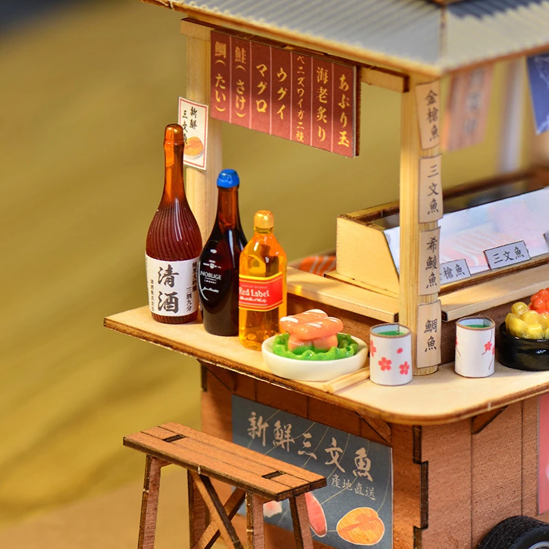 일본 스시 가게 미니어처 빌딩 키트, 바비큐 조식 인형 집, 가구 완구 포함, 여아 선물, DIY 나무 인형 집