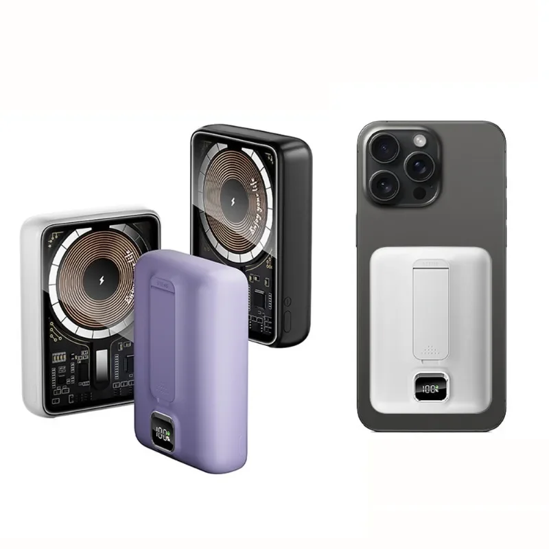 Q16 Portable Power Bank with Hidden Stand Magnetic Fast Charging Transparent Industrial Style 10000mA 6