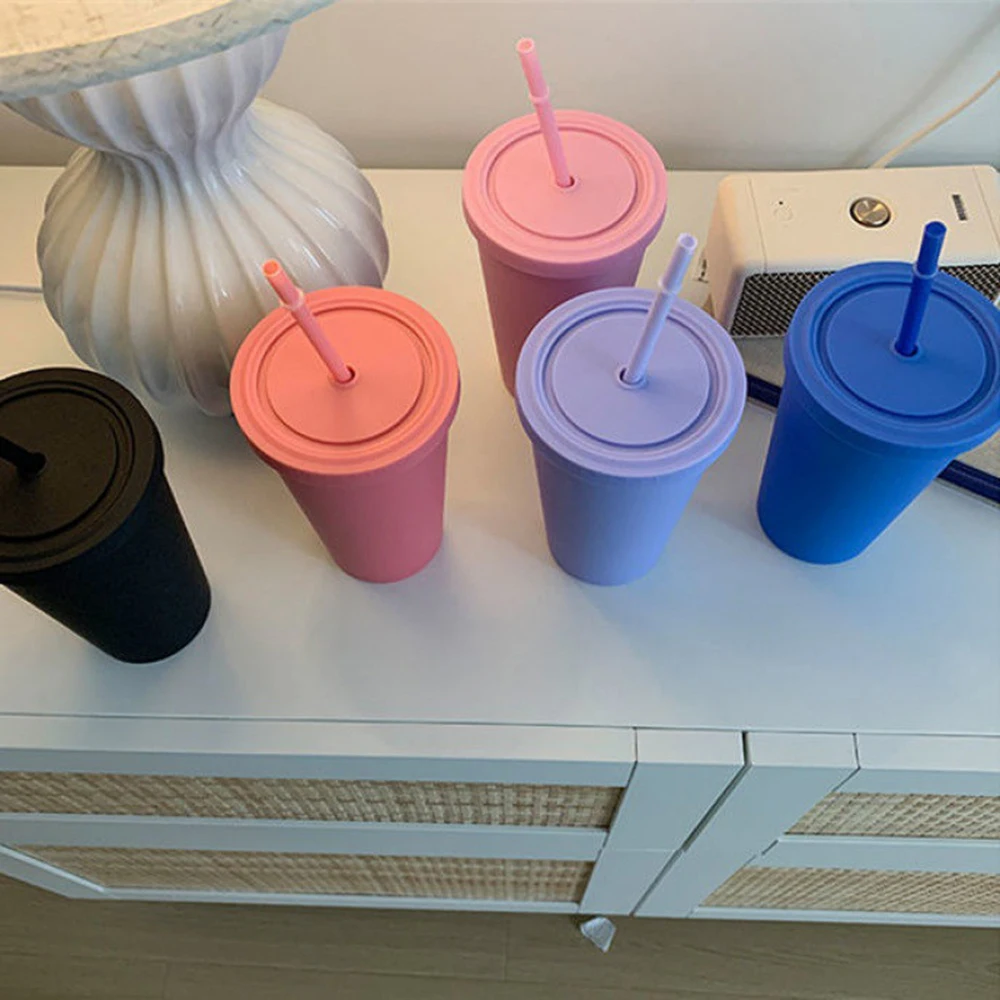 Description Picture 4 of itemDouble-layer Plastic Straw Cup Candy Color Coffee Cup Plastic Frosted Handy Water Cup Easy To Carry Straw Kettle Sports Bottle