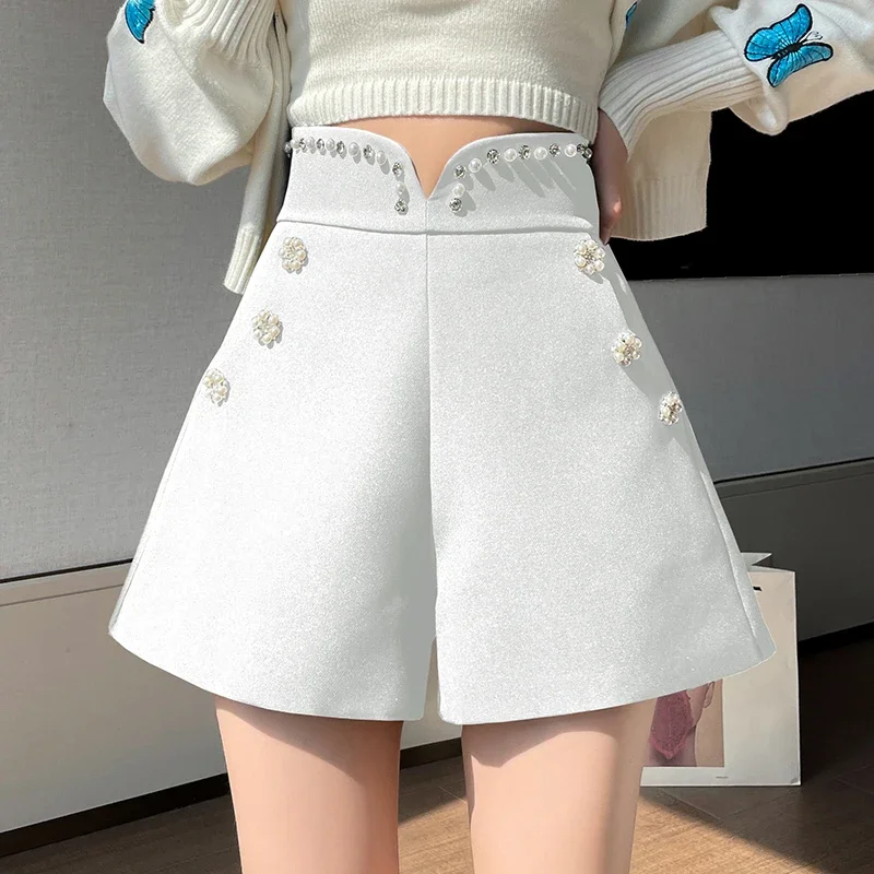 

High Waist Loose Work Office Short Trousers Femme White Casual Women Wide Leg Shorts With Beading Summer All-Match