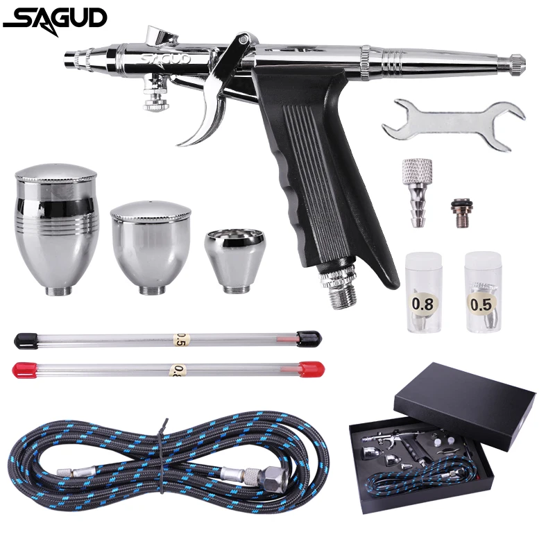 SAGUD 에어 브러시 키트 에어 브러시 페인팅 세트, 더블 액션 트리거 에어 브러시 건, 네일 케이크 문신 메이크업용 스프레이건 부품 포함