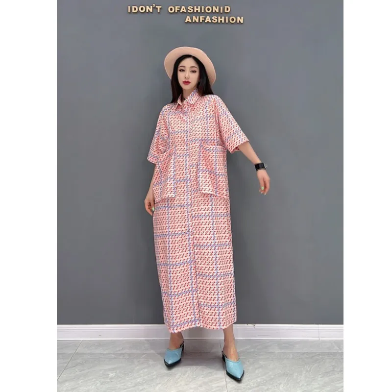 

Women Short Sleeve Lapel Dress Loose Mid-length Big Pocket Splicing Single-breasted Dress