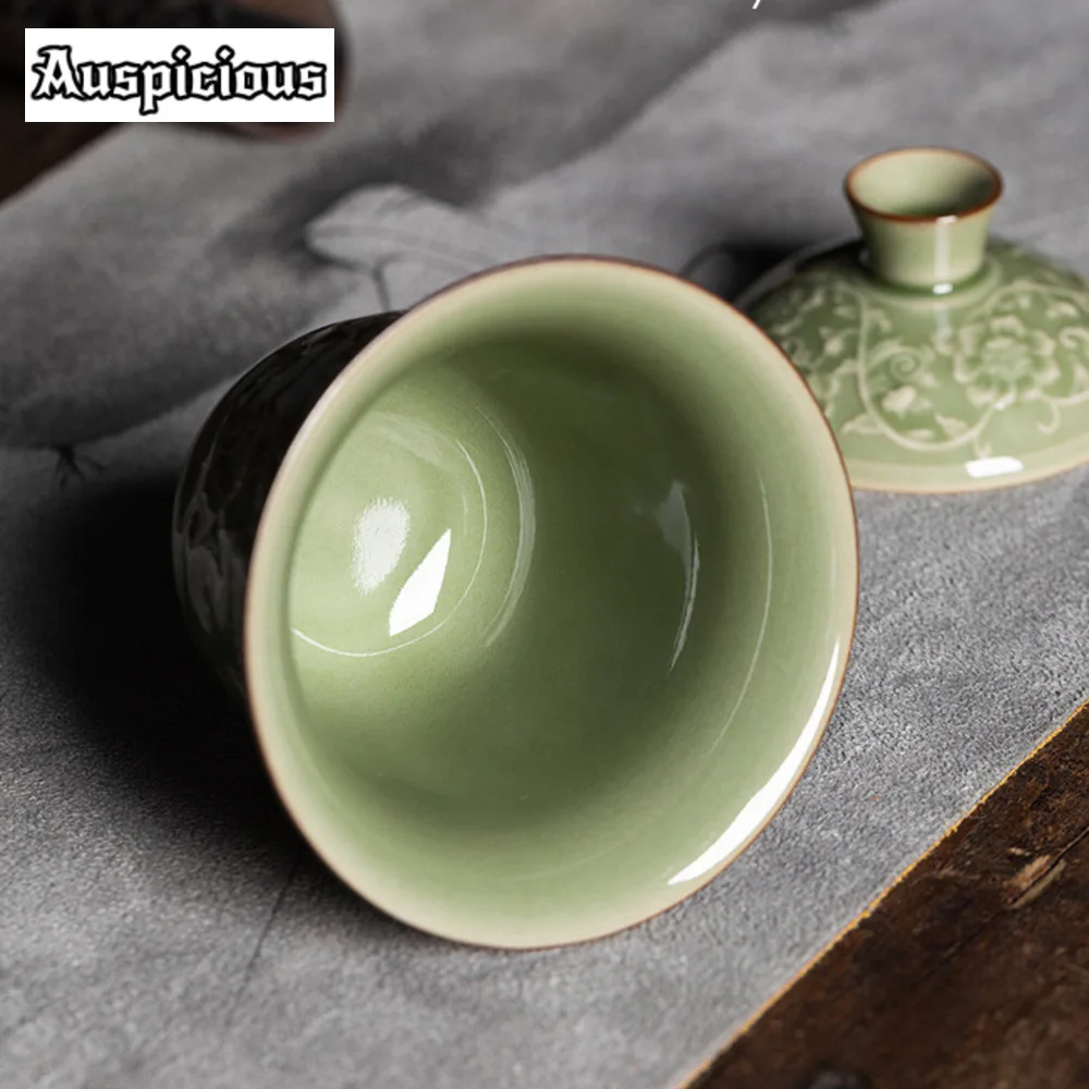 140ml Antique Relief Twine Pattern Gaiwan Chinese Longquan Celadon Tea Tureen Retro Tea Brewing Cover Bowl for Collection
