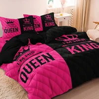 Ensemble de housse de couette imprimée King & Queen pour couple, 3 pièces, design romantique en couronne de cœur, contraste rose noir pour la douceur avec une élégance 1