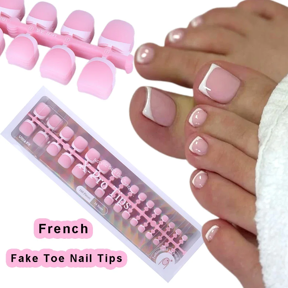 160pcs Fake Toe Nail Tips Pink French Short Square Full Cover Natural Artificial Acrylic Fake Press On Toenails For Nail Salons
