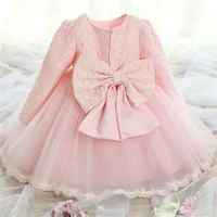 Long Sleeve Dress for Baby Girl Wedding New Year Party Lace Bow Kids Xmas Dresses Infant 1st Pink Birthday Princess Baptism Gown 4