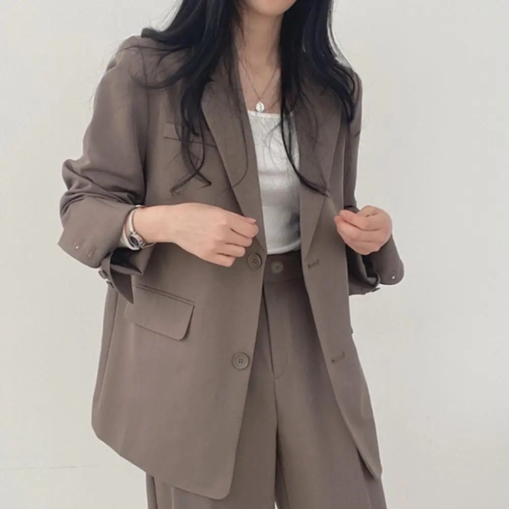 

Women Spring Autumn Suit Coat Lapel Long Sleeve Flap Pockets Solid Loose Fit Casual Blazer Workwear Jacket Pants Matching Set