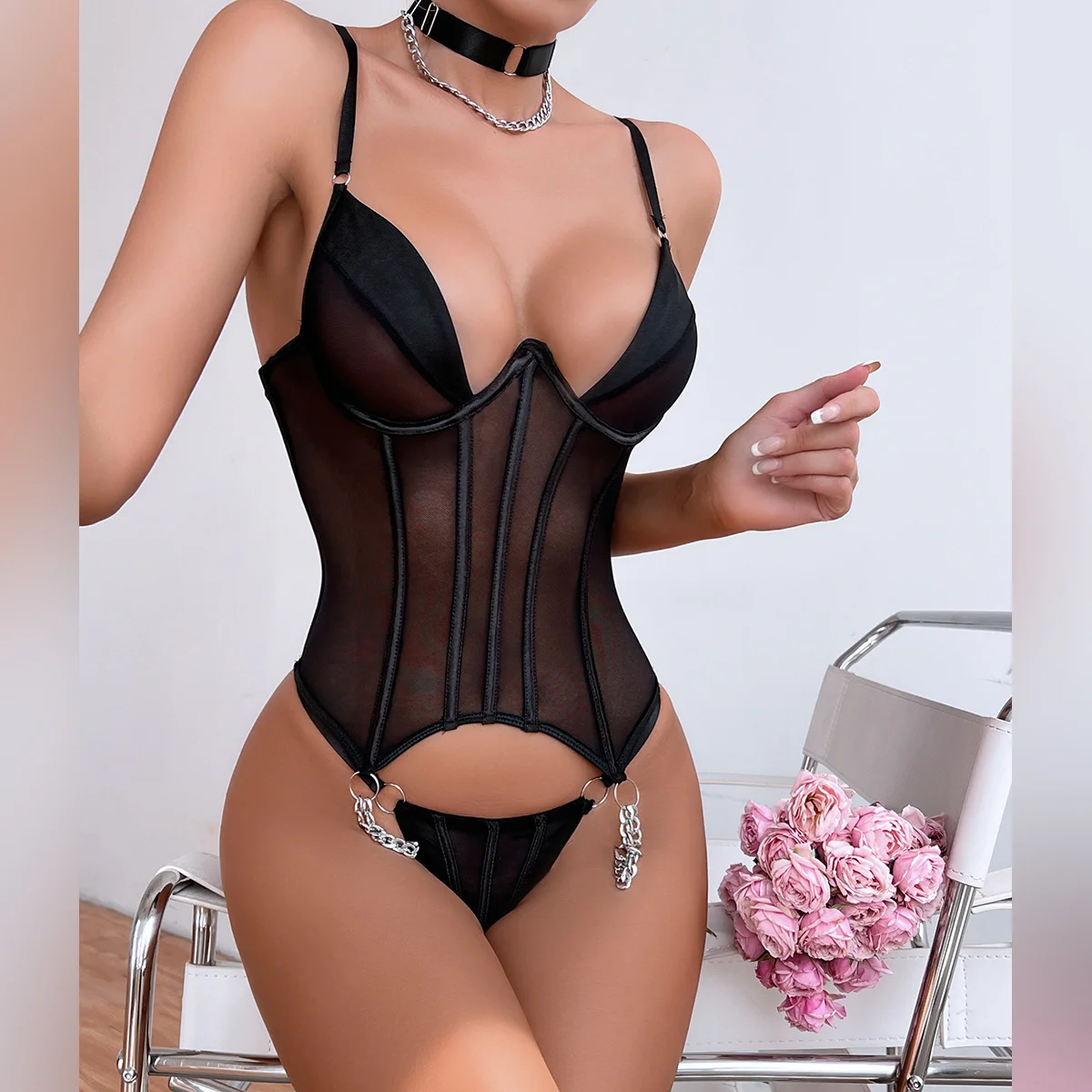 Ubra 3-teiliges sexy Damen unterwäsche BH Dessous Set Schnürung halbe Tasse erotisches Set schiere heiße Tanga Korsett Outfit bilizna intimates – Detail 14