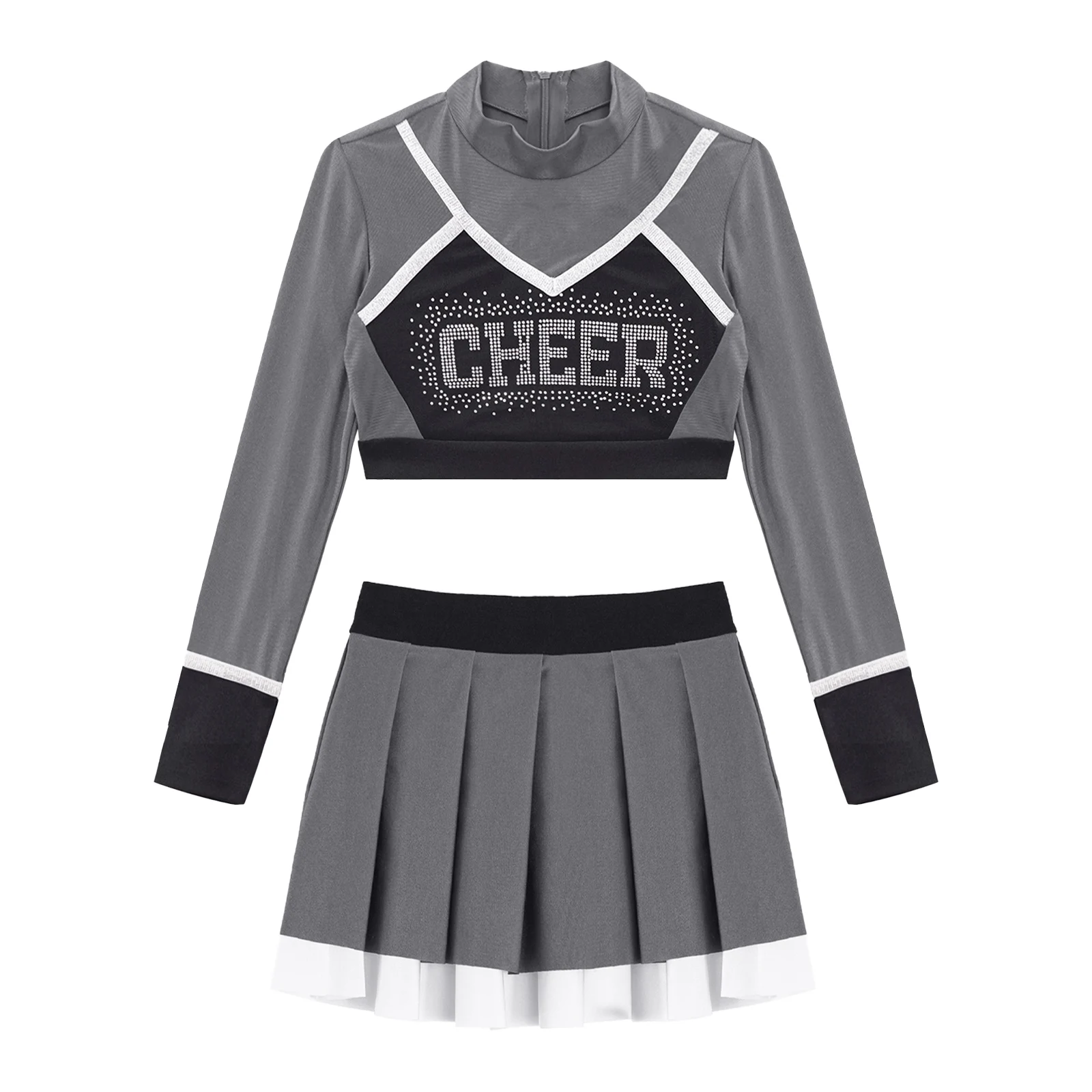 Description Picture 6 of itemKids Girls Cheerleading Dance Outfit School Girls Cheerlead Uniform Teamwear Patchwork Long Sleeve Crop Top with Pleated Skirt