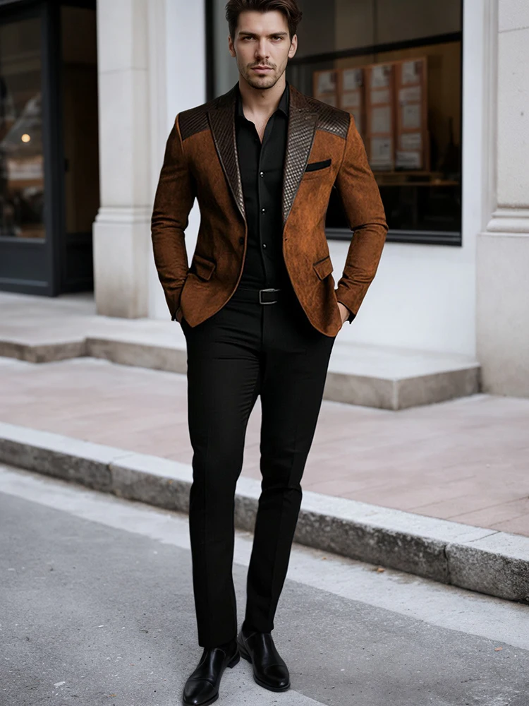 Men Brown Blazer Jacket Fake Suede Leather Patchwork Black Accents Lapel Long Sleeve Formal Business Casual Man Suit Jackets men suits jackets