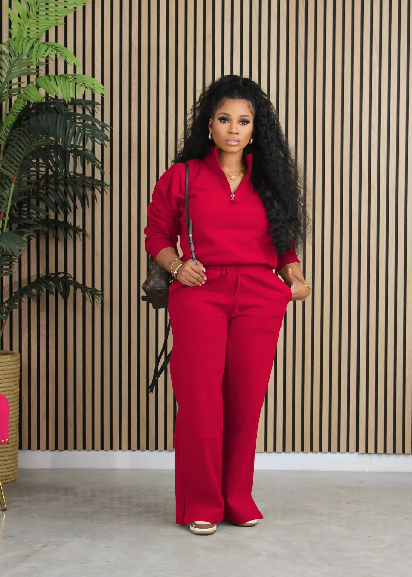 2023 Autumn Winter Casual Solid Color Long Sleeve Zipper Pullover and Wide Leg Pants Loose Warmth Tracksuit Women Two Piece Set