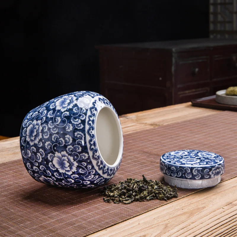 青と白の磁器保存缶キャンディー密封缶蓋付き家庭用セラミック茶
