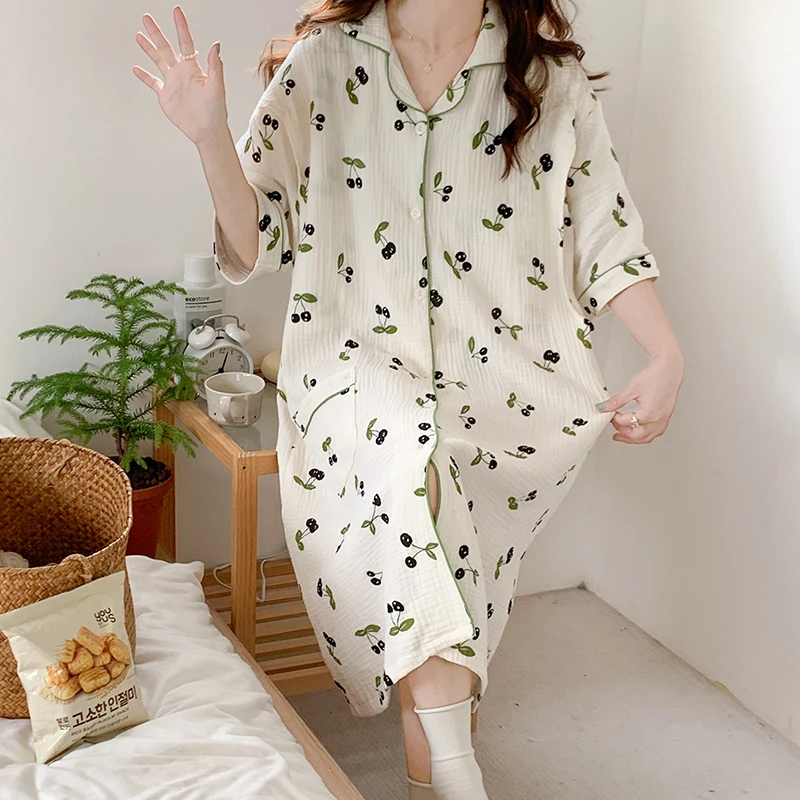 

100% Cotton Double Gauze Nursing Nightdress for Maternity Summer Soft Thin Floral Printed Sleepwear Pregnancy Home Hospital Wear