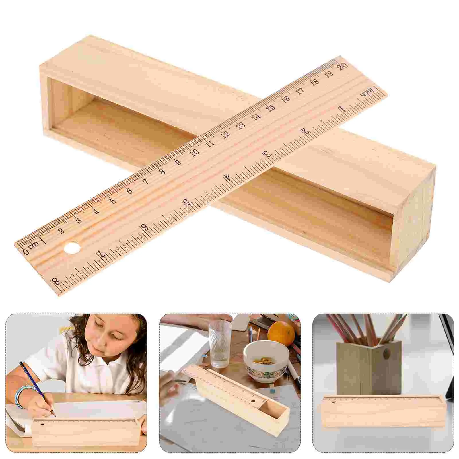 Wooden Pencil Case Utility Tool Organizers Scale Boxes Hard Drawer Holder Ruler Cover