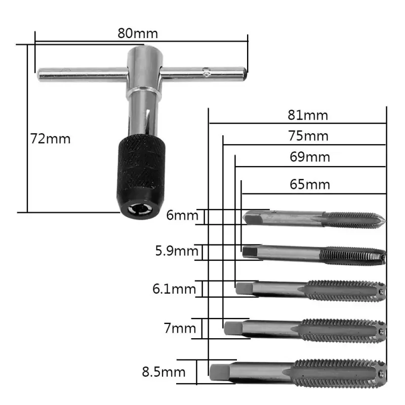 6 Pcs/Set Tap Drill Wrench Tapping Threading Tool M3-M8 Screwdriver Tap Holder Hand Tool Thread Metric Plug Tap Screw Taps