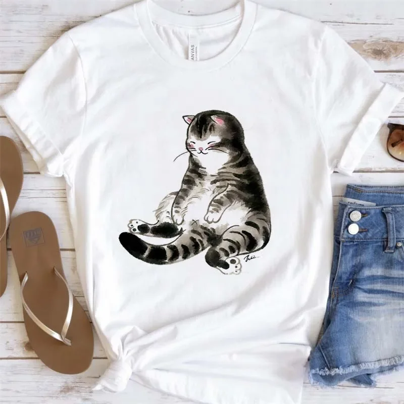 

T-Shirt Clothing Women's Printed Retro Top Fashion Cat Casual Short Sleeve Basic O-Neck Short Sleeve Breathable Leisure Tees