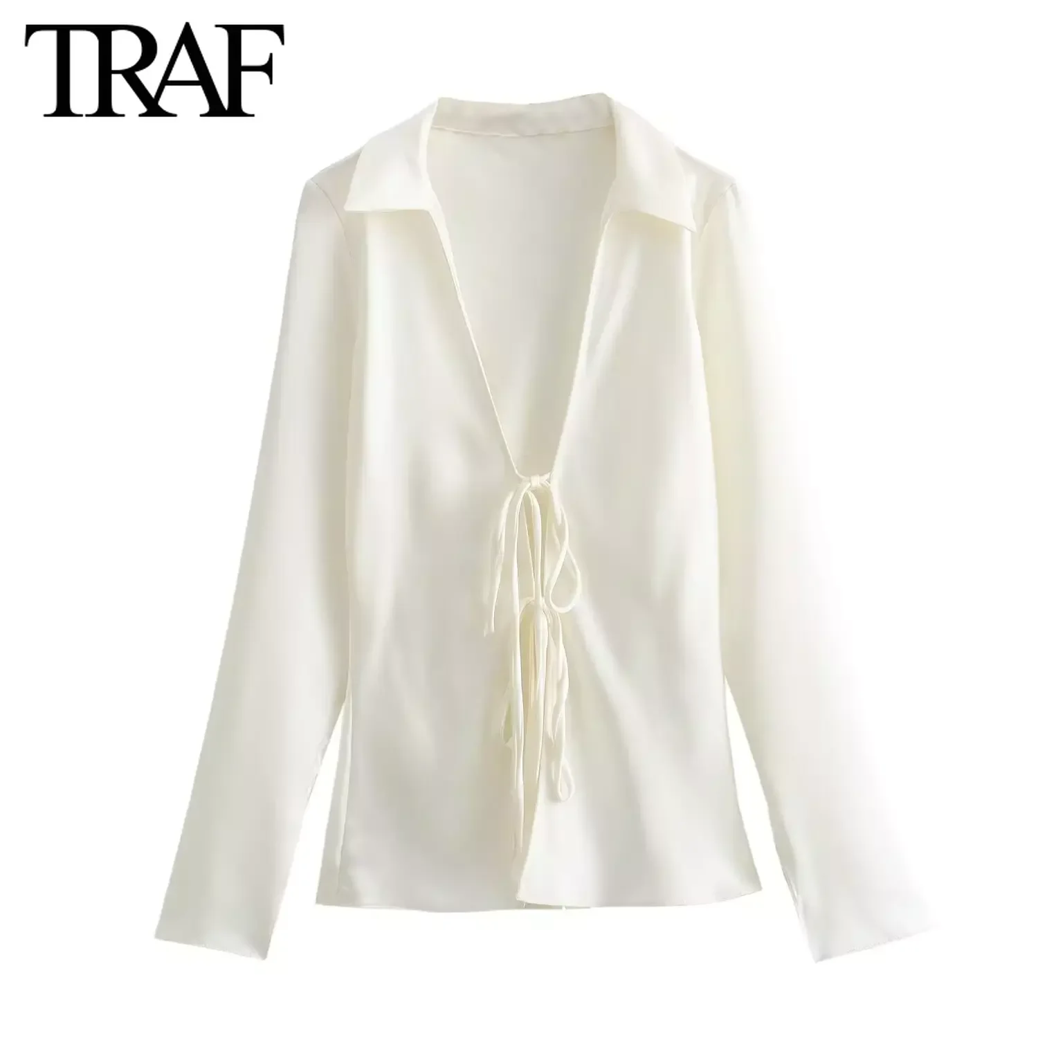 TRAF 여성용 긴팔 타이업 브이넥 활 블라우스, 스트리트 의류, 새틴 셔츠, 세련된 숙녀 상의, 2024 용수철 신상 패션