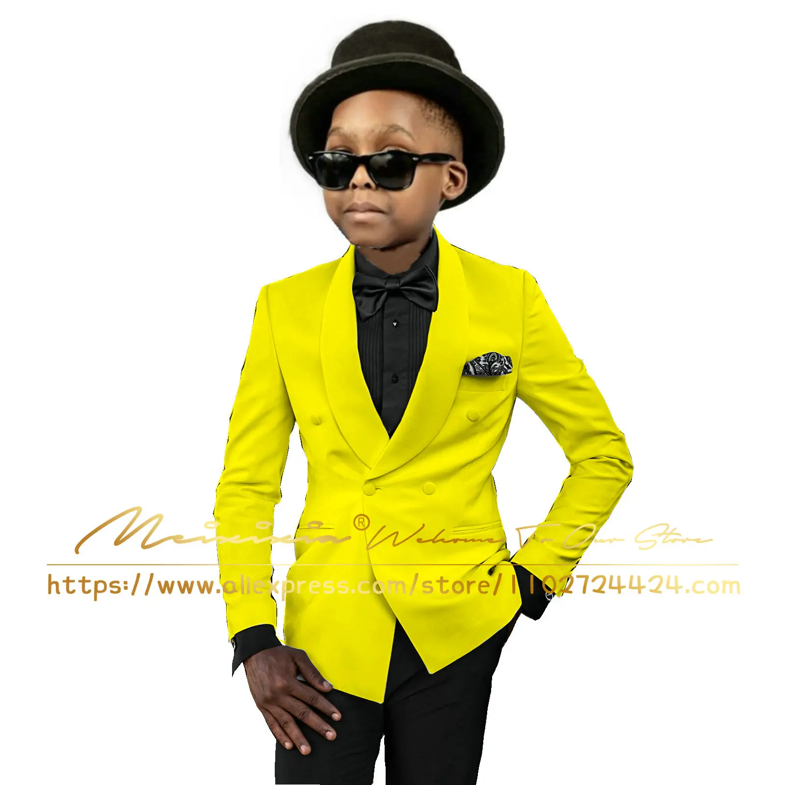 Boy's Suits 2 Pcs Costume Shawl Lapel Tuxedos Slim Fit Prom Yellow Kids Blazer Double Breasted Boys Suits For Wedding