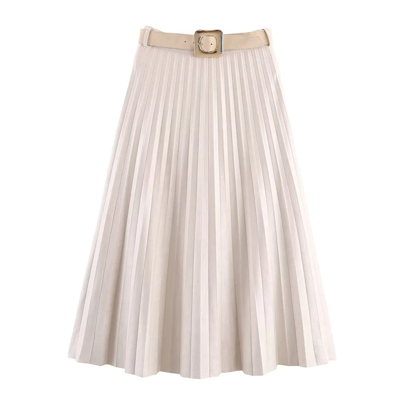 Chic Elegant With Belt Long Skirts For Women Solid Pleated Midi Skirt Sagging Sense Women's Midi Skirt Temperament New Skirts