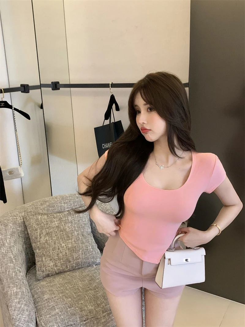 Summer Korean Fashion Y2K T-shirt Woman Japane Crop Top U-neck Split Sexy Red Pink White Tee Shirt Women Vintage767_voghion.com